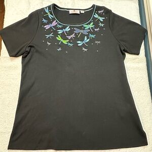 Quacker Factory Dragonfly Embroidered Beaded Tee Black Size S